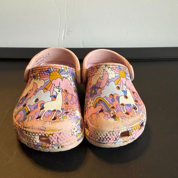 Crocs Classic Kids Clogs C6 Pink Unicorn Rainbow Print Slip-On Shoes - Picture 3 of 11